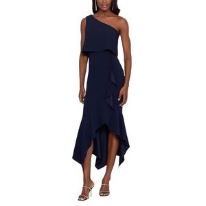 Xscape Navy Blue One Shoulder Stretch Crepe Ruffle Asymmetrical Hemline Gown US4